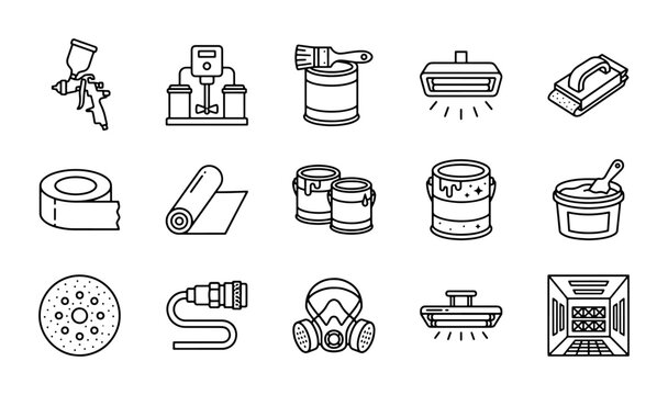 Painting Tools Icons Set, Spray Gun, Paint Cans, Mask, Roller, Sandpaper, Professional Decorating Equipment
