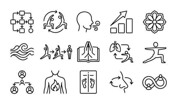 Mindfulness Icons: Yoga, Breathing, Growth, Meditation, Wellness Concepts Vector Set