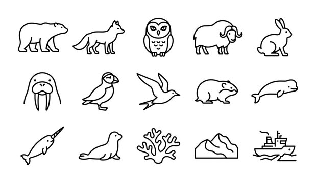 Arctic Animals Icons Set, Polar Wildlife Vector Graphics, Cold Climate Creatures Collection