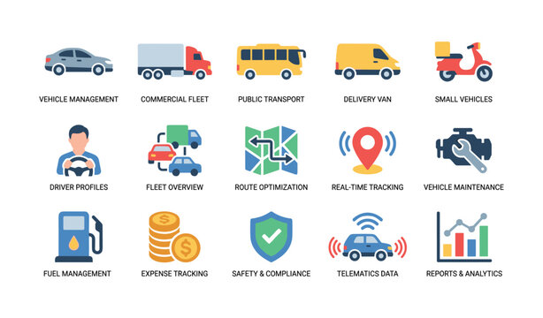 Fleet management vehicle icons showing telematics services on white
