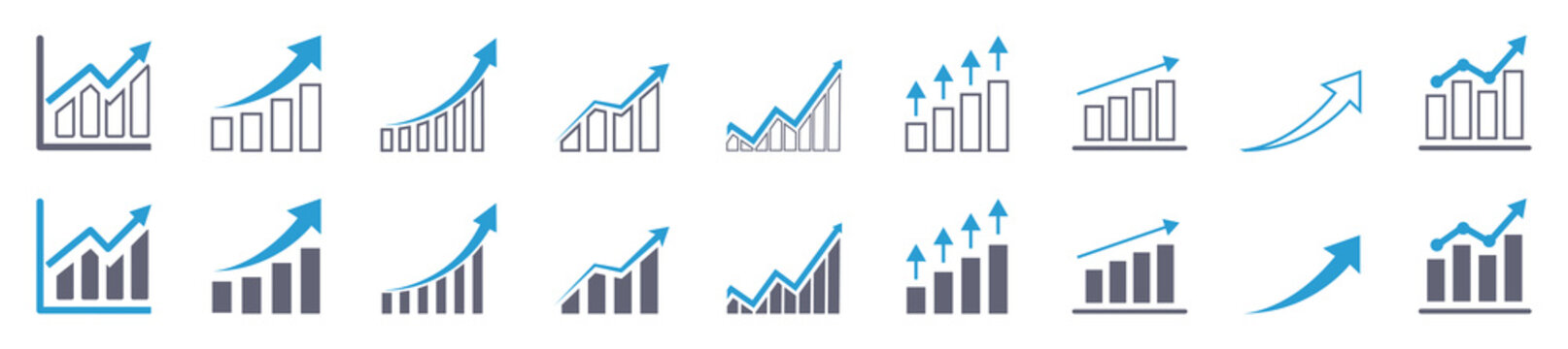 Growth Icon Set with Upward Arrows, Financial Charts and Rising Graph Elements Vector Illustration