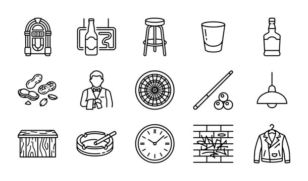 Bar Icons Set, Retro Jukebox, Drinks, Casino, Vintage Style Vector Graphics