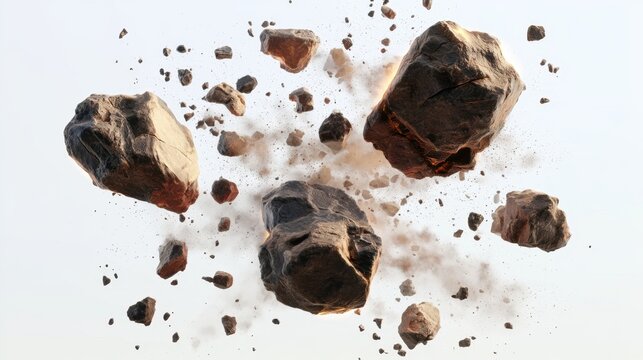 Large and small rocky boulders fragmented and suspended in midair with dust and debris in a bright sky environment, isolated objects floating in dynamic motion
