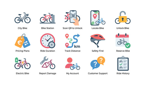 Bike sharing app feature icons displayed on white grid