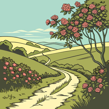 Rolling green hills with a winding path and blooming rose bushes landscape countryside outdoors illustration stylized environment tranquil peaceful beautiful blooming botanical daylight