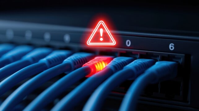 Close-up of network cables plugged into a switch with one red-lit cable and glowing red warning warning icon symbolizing network error or connectivity issue