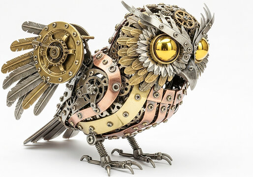 Steampunk mechanical owl robot with gears and golden eyes