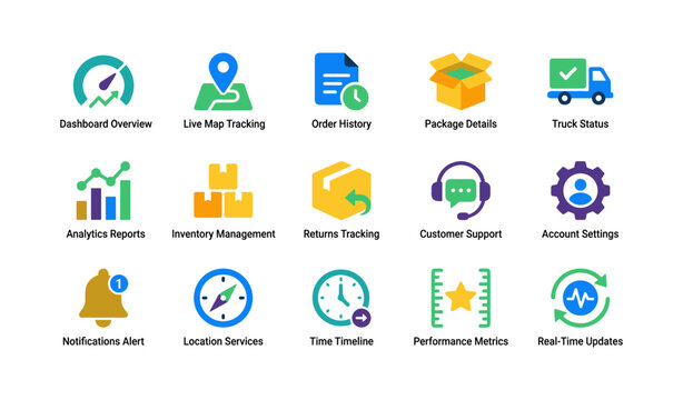 Logistics dashboard icons showing tracking features on white