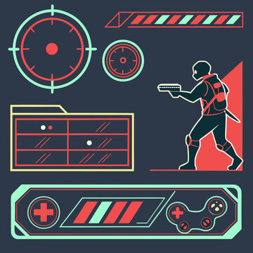 Pixel art video game character with futuristic hud elements