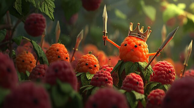 A cartoon raspberry king with a crown and swords standing in a field of red and orange raspberries