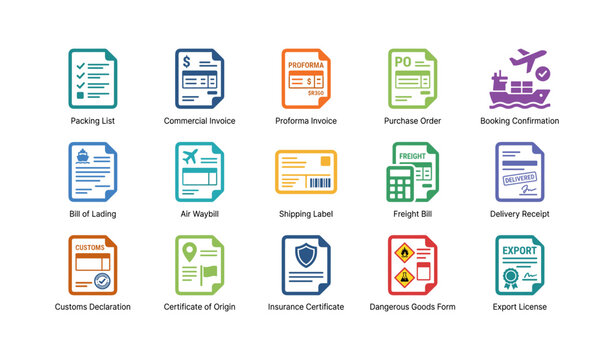 Document and shipping icons arranged in horizontal grid