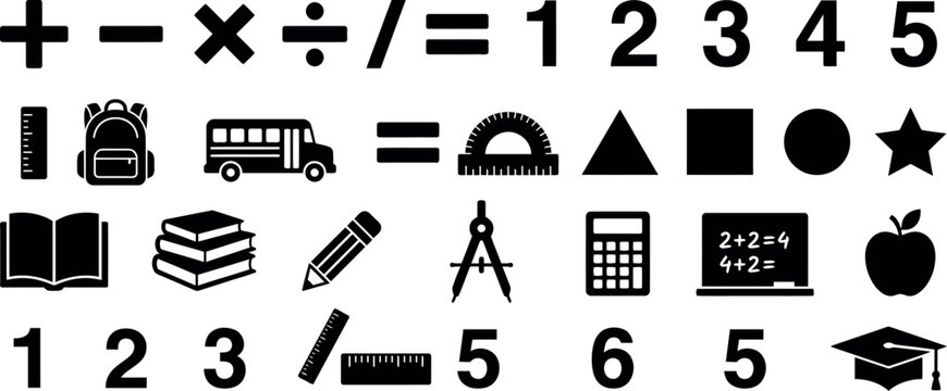 Flat vector illustration showing math equations and school-related objects like books, backpack, bus, and calculator.