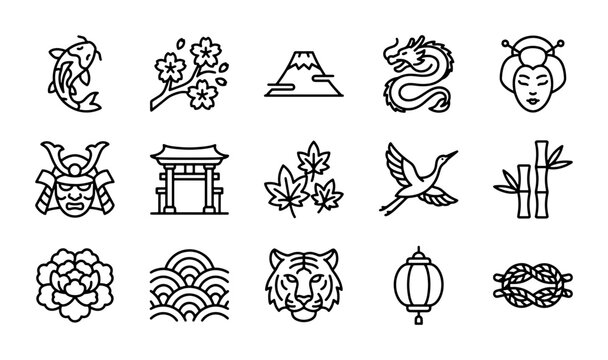 Japanese Culture Icons Set: Koi, Sakura, Fuji, Dragon, Geisha, Samurai, Torii, Maple, Crane, Bamboo, Peony, Wave, Tiger, Lantern, Knot