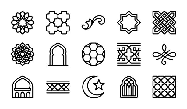 Islamic Geometric Patterns, Arabesque Ornaments, Mosque Arches, Crescent Moon Icons, Vector Set