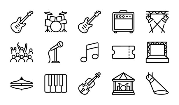 Music Icons Set: Guitar, Drums, Microphone, Stage, Notes, Tickets, Audience, Amp
