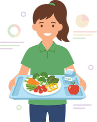 Happy young girl holding a school lunch tray with fresh vegetables apple and milk representing healthy nutrition and balanced diet for students,