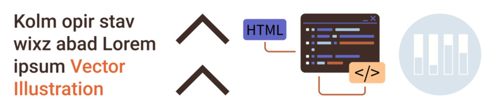 Web development, coding tutorials, programming, website design, digital interface, technology learning. Visual of HTML code, arrows and abstract graphics. Web development and coding tutorials