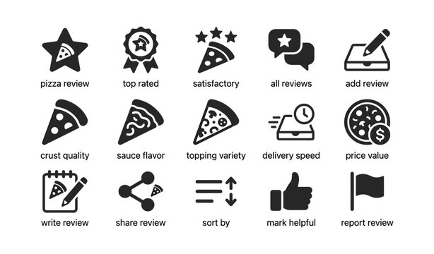 Pizza review icons showing ratings and feedback on white background