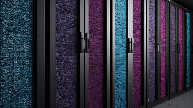 Modern server rack cabinets with vibrant blue and purple textured panels arranged in row within data center facility providing secure infrastructure for enterprise cloud computing and network storage