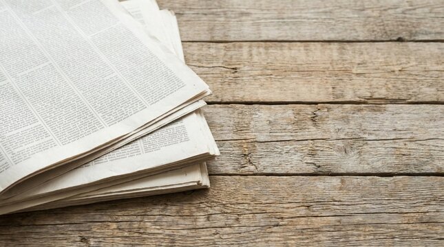 Folded newspaper on wooden background, top view, Journalism and Print Media Design