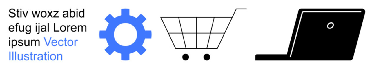 Technology, e-commerce, online shopping, remote work, digital tools, business operations. Blue gear, shopping cart and black laptop. Technology and e-commerce conceptual © robu_s