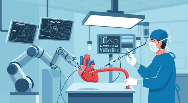 Robotic Surgery: Surgeon and Robot Performing Heart Operation with Advanced Technology