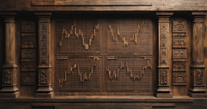 Wooden financial data display with columns and intricate carvings