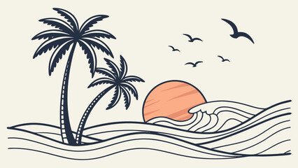 Obraz premium Tropical Beach Sunset Travel Vector Illustration