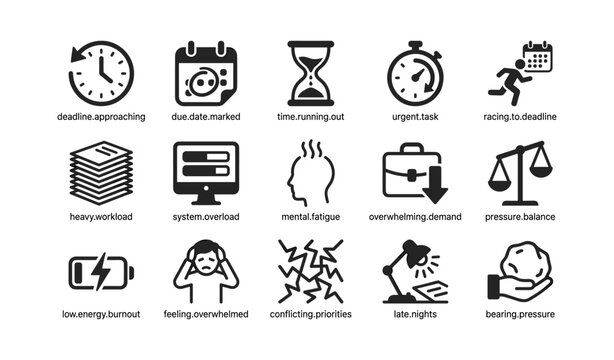 Deadline and stress icons illustrating workload pressure concepts