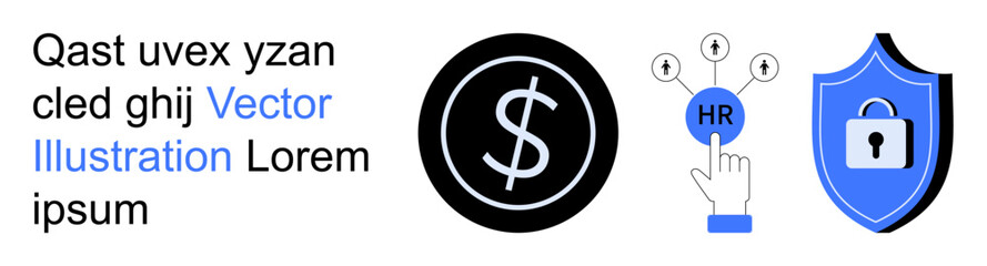 Fototapeta premium Business strategy, cybersecurity, HR management, team building, finance, digital safety. Dollar sign, HR point with hand icon shield with lock image. Business strategy and cybersecurity concepts