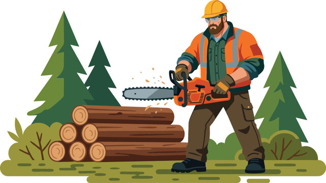 Professional Lumberjack in Safety Gear Using a Chainsaw to Cut Wood Logs in a Forest Setting for Forestry Industry and Timber Production Vector Illustration,