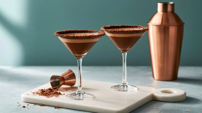 Two elegant cocktail glasses filled with creamy chocolate drink garnished with cocoa rim on white board beside copper shaker and jigger on blue background