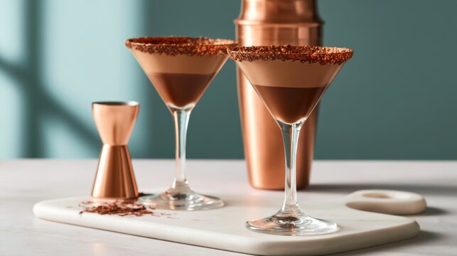Two elegant chocolate martini cocktails with chili powder rim served on white marble board with copper cocktail shaker and jigger in soft natural light