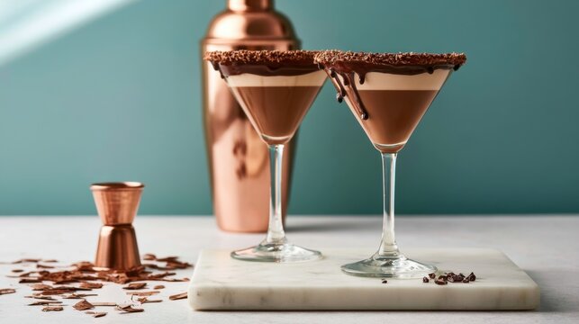 Two chocolate martini glasses with creamy layered dessert and chocolate rim on white marble board with copper shaker and jigger in soft teal background