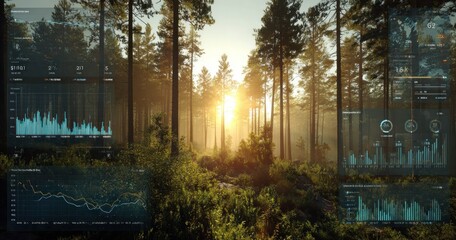 Sunlight streams through trees in a lush forest with digital interface overlays