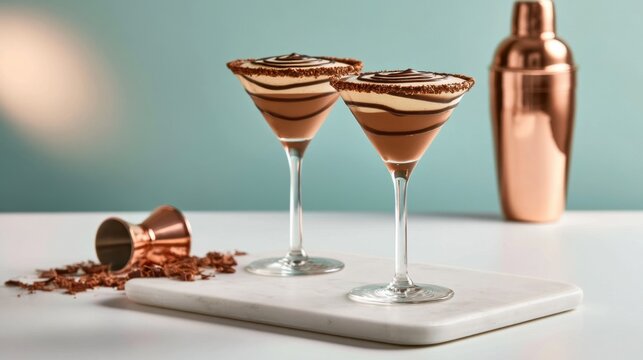 Two elegant martini glasses filled with creamy chocolate cocktail with chocolate drizzle and cocoa powder rim on white marble board with copper shaker and jigger