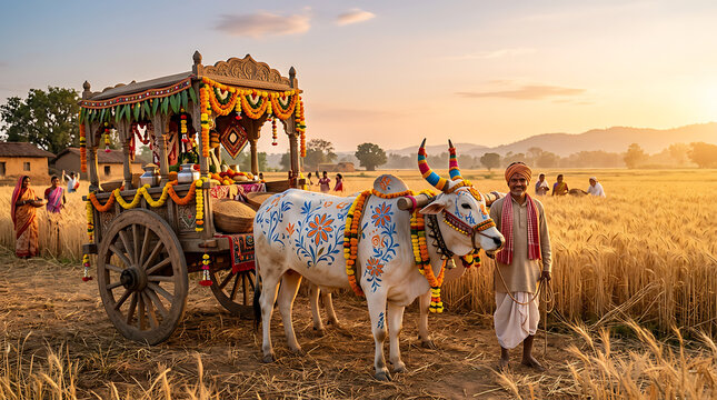 Indian Farmer with Decorated Bullock Cart at Sunset for Kharchi Puja