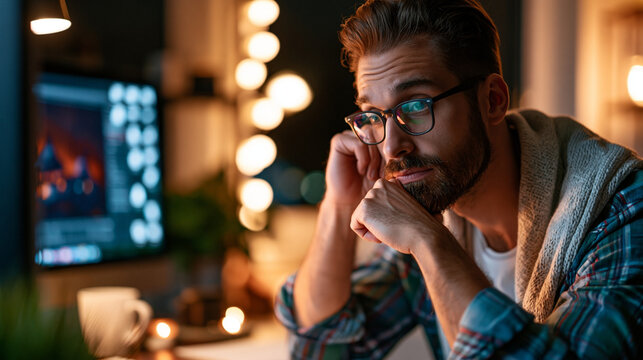 Young freelancer procrastinating by endlessly rearranging desktop icons in a dark room at night illuminated by monitor light with a mood of isolation and emotional realism