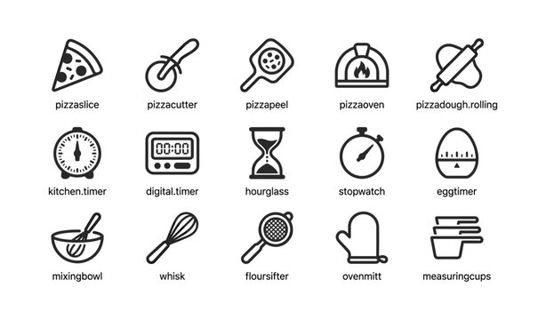 Pizza and baking icons showing utensils timers and tools