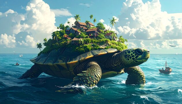 Fantasy Island Turtle Floating in Ocean.