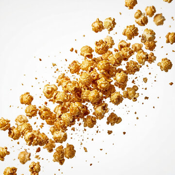 Explosive caramel popcorn splash isolated on white background