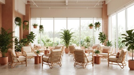 Fototapeta premium Green Plant Lounge with Rattan Chairs 