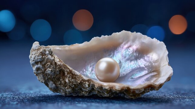 Close-up of a single shiny pearl resting inside an open oyster shell with textured rough exterior and iridescent smooth interior against blue bokeh background