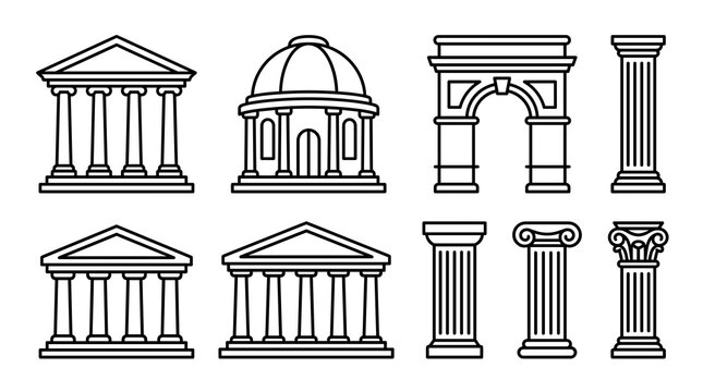 Line art vector set of neoclassical architecture buildings and elements. Outline icons of classic temples, triumphal arch, rotunda and different column styles.