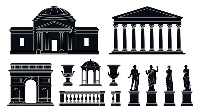 Black silhouette vector collection of neoclassical architecture elements. Set includes grand buildings, triumphal arch, classical statues, urns and columns.
