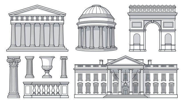 Outline vector set of neoclassical architecture buildings. Line art design of classic temple facade, triumphal arch, grand mansion, rotunda and pillar elements.
