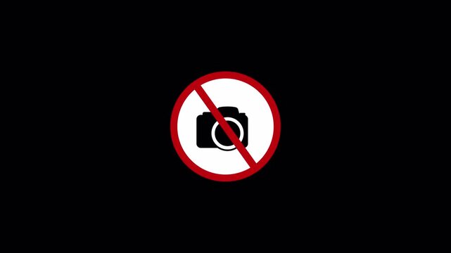 No Photography and Video Recording Allowed with Prohibition Sign Animation on transparent background, Forbidden Camera and no photos warning icon animation   in 4k with Alpha Channel