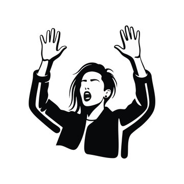 Person shouting with hands up in the air. Protest, celebration, and expression concept. Black and white vector illustration