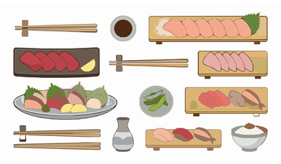 Traditional salmon sushi set with nigiri maki sashimi and authentic Japanese restaurant food elements © MdMursalin