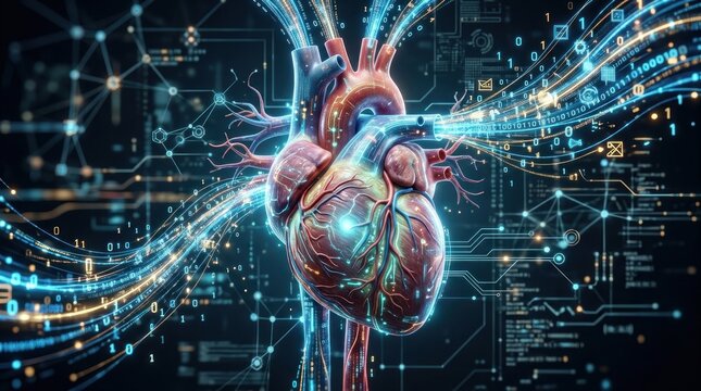 A vibrant, digitally rendered image showcases a human heart intricately interwoven with a complex network of glowing digital circuits and data streams.